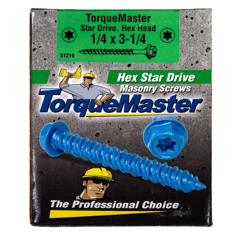 torque master Star Drive Hex Washer Head Masonry Screws, 100 Pieces with Drill Bit - 1/4" x 3-1/4" Concrete Masonry Screws, Rust Resistant High Strength - Image 3